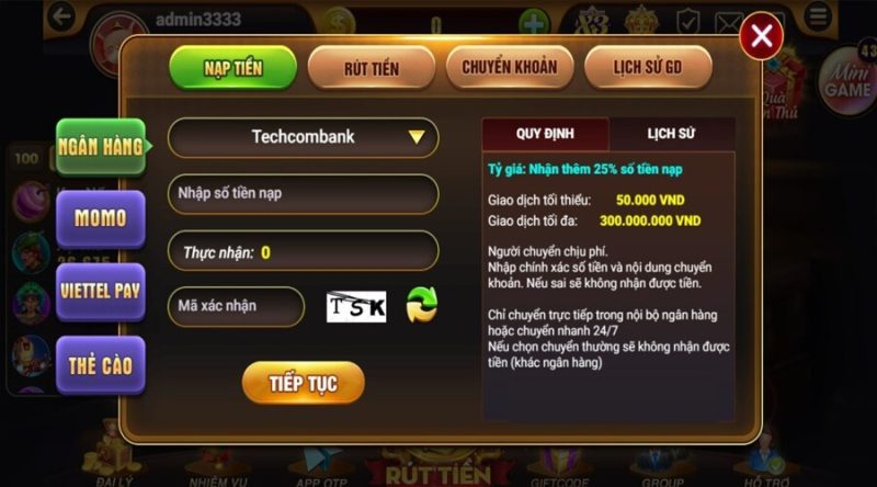 mức nạp tiền tối thiểu vào HitClub là bao nhiêu